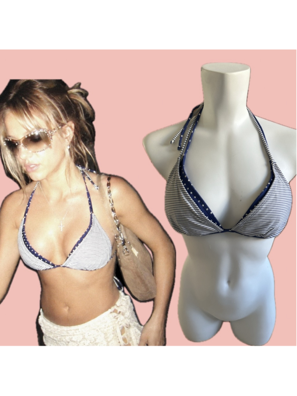 Y2K Nautical Striped Halter Bikini Top Blue White Polka Dot Size M